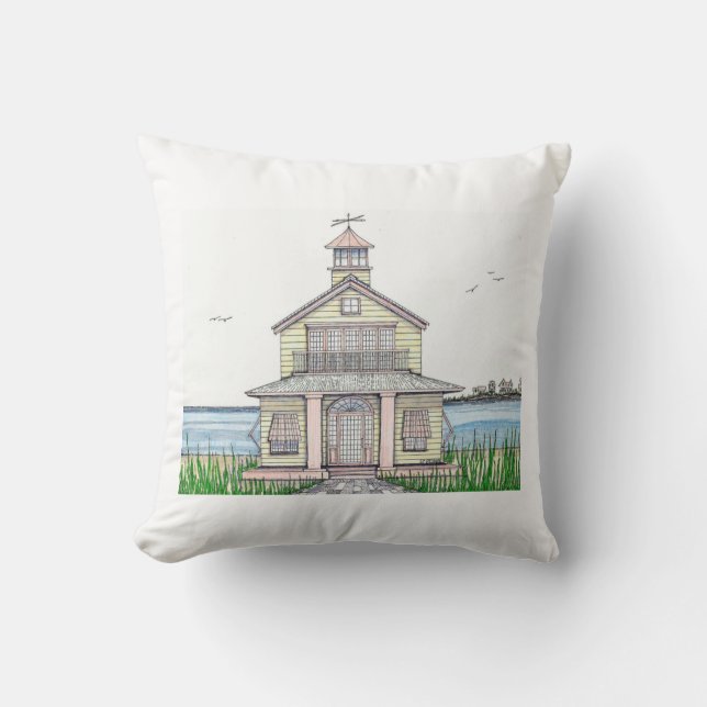 Strandhuisje kussen met witte achterkant (Voorkant)