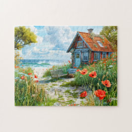 Strandhuisje met duinen en klaprozen legpuzzel