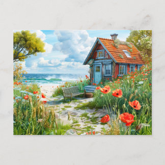 Strandhuisje met duinen en papavers briefkaart