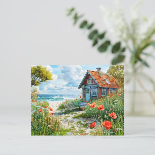 Strandhuisje met duinen en papavers briefkaart (Staand voorkant)