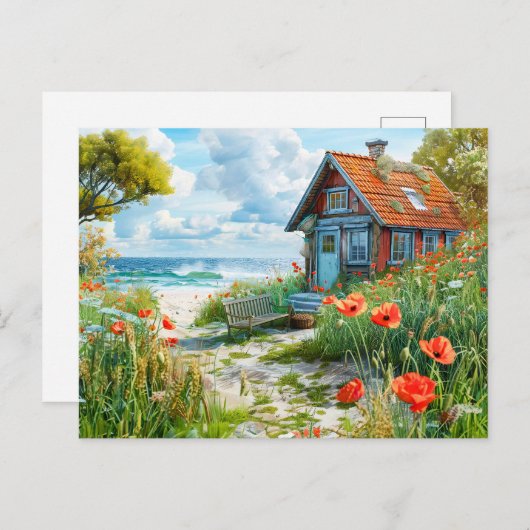 Strandhuisje met duinen en papavers briefkaart (Voorkant / Achterkant)