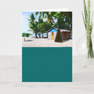 Strandhut onder de palmen met Kerstmis Feestdagen Kaart