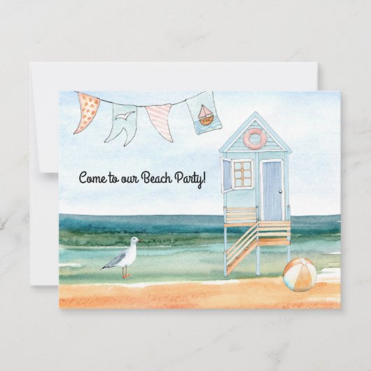 Strandhut Zeemeeuw en Beach Ball Party Aankondiging (Voorkant)