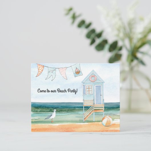 Strandhut Zeemeeuw en Beach Ball Party Aankondiging (Staand voorkant)