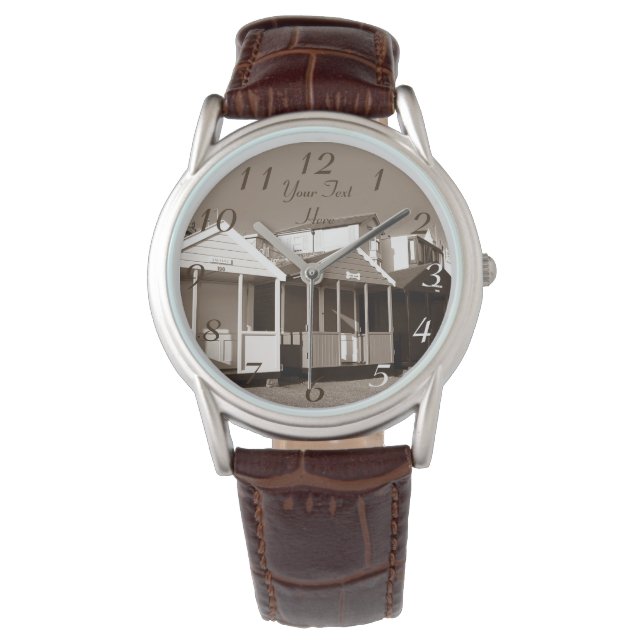 Strandhutten blauwe luchten engelse kust sepia fot horloge (Voorkant)