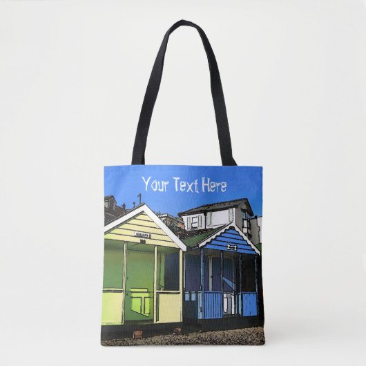 Strandhutten blauwe luchten engelse zomer kust fot tote bag (Voorkant)
