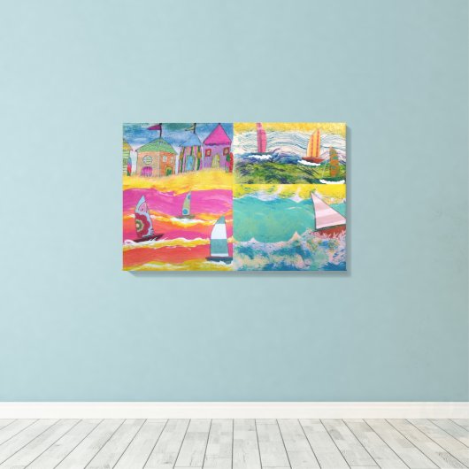 Strandhutten en zeilboten canvas afdruk (Insitu (Houten vloer))