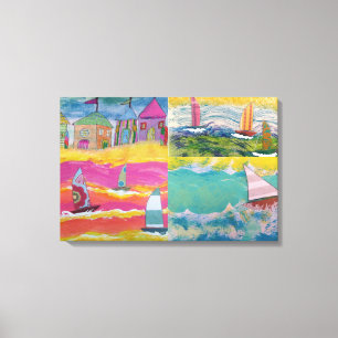 Strandhutten en zeilboten canvas afdruk