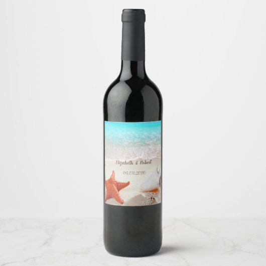 Strandhuwelijk Schelpen Wijn Etiket (Voorkant)