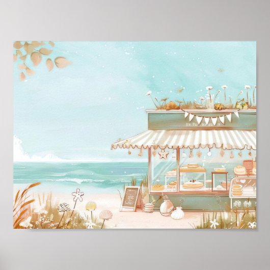 Strandillustratie Little Bakery bij het zee Poster (Voorkant)