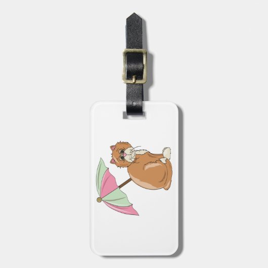 Strandkat met roze en groene paraplu bagagelabel (Voorkant verticaal)