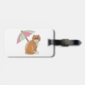 Strandkat met roze en groene paraplu bagagelabel (Achterkant horizontaal)