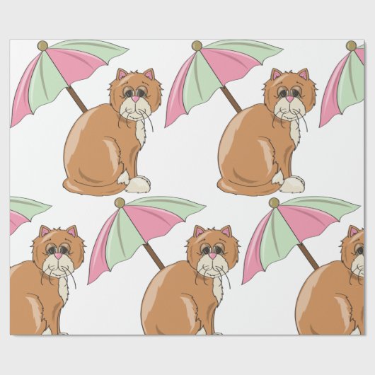 Strandkat met roze en groene paraplu cadeaupapier (Vlak)