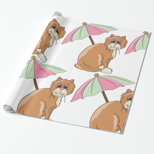 Strandkat met roze en groene paraplu cadeaupapier (Uitgerold)
