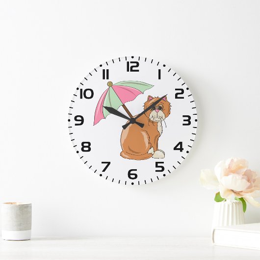 Strandkat met roze en groene paraplu grote klok