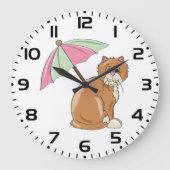 Strandkat met roze en groene paraplu grote klok (Voorkant)
