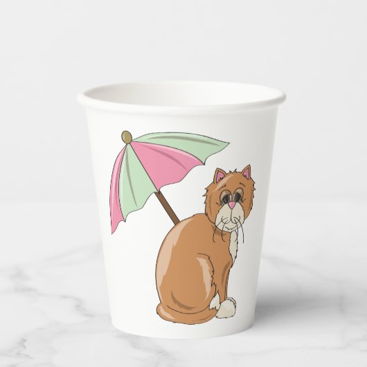 Strandkat met roze en groene paraplu papieren bekers (Voorkant)