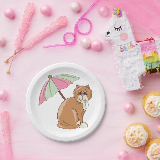 Strandkat met roze en groene paraplu papieren bordje (Feest)