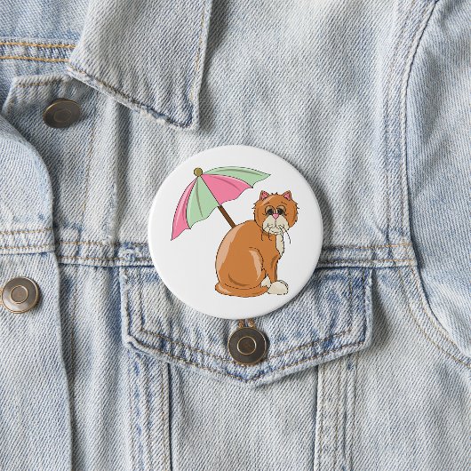 Strandkat met roze en groene paraplu ronde button 7,6 cm