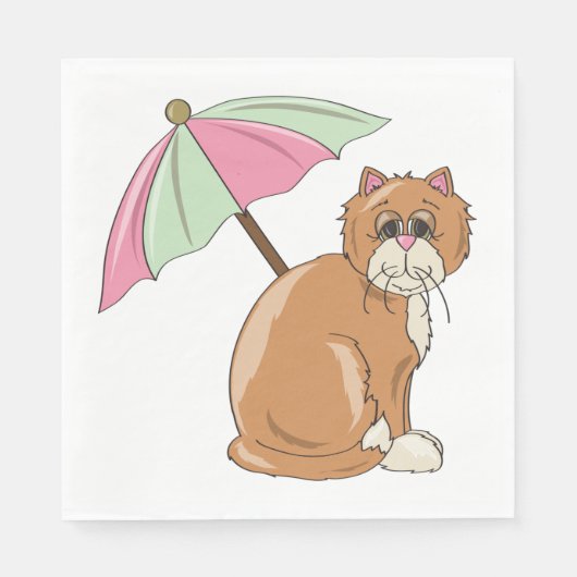 Strandkat met roze en groene paraplu servet (Voorkant)