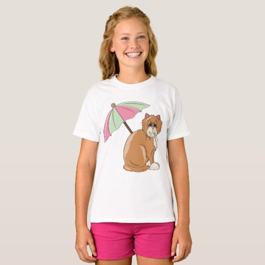 Strandkat met roze en groene paraplu t-shirt (Voorkant volledig)