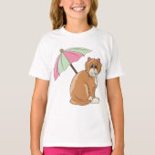 Strandkat met roze en groene paraplu t-shirt (Voorkant)