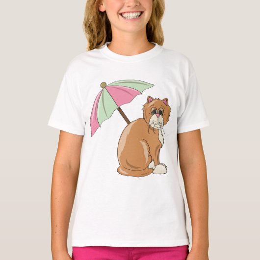 Strandkat met roze en groene paraplu t-shirt (Voorkant)