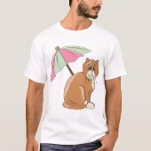 Strandkat met roze en groene paraplu t-shirt (Voorkant)