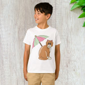 Strandkat met roze en groene paraplu t-shirt
