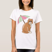 Strandkat met roze en groene paraplu t-shirt (Voorkant)