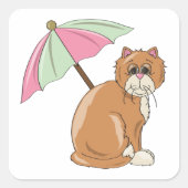 Strandkat met roze en groene paraplu vierkante sticker (Voorkant)