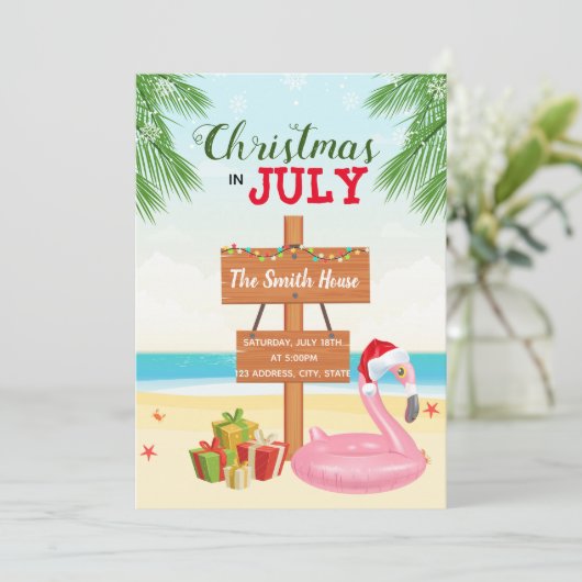 Strandkerst in juli feestuitnodiging kaart (Staand voorkant)