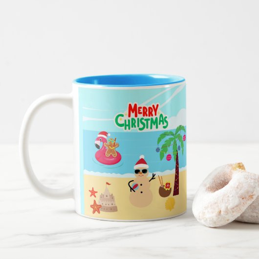 Strandkerstscène Tweekleurige Koffiemok (Met donut)
