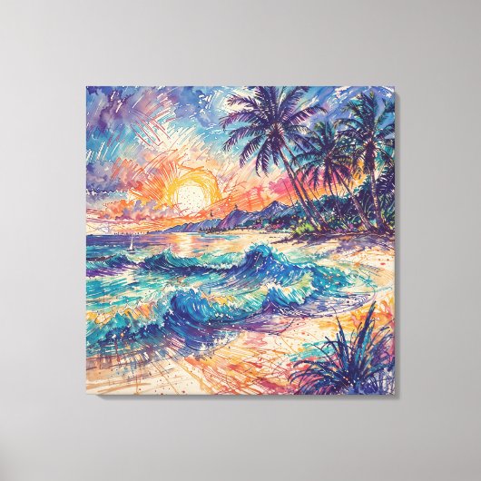 Strandkrabbels - Lijnkunst stijl landschap Canvas Afdruk (Voorkant)