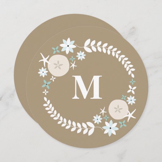 Strandkrans Zand Dollar Ronde Monogram Bruiloft Kaart (Voorkant / Achterkant)