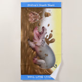 Strandlaken Muddy Hippos. Blauwe rand (Voorkant)