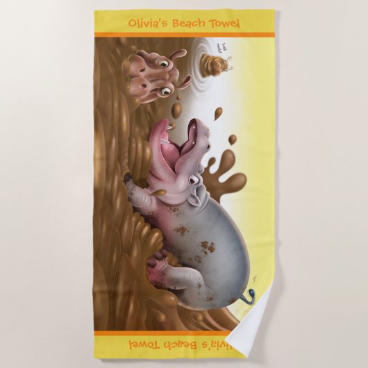 Strandlaken Muddy Hippos. Gele rand (Voorkant)