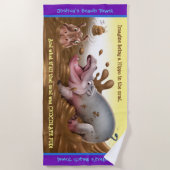 Strandlaken Muddy Hippos. Paarse rand (Voorkant)