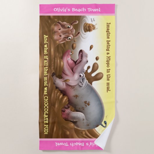 Strandlaken Muddy Hippos. Roze rand (Voorkant)