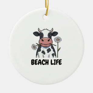 Strandleven Koe Vintage Gravure T-Shirt Ontwerp_1 Keramisch Ornament