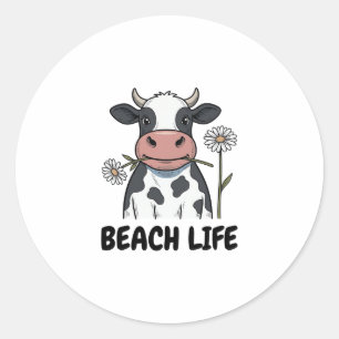 Strandleven Koe Vintage Gravure T-Shirt Ontwerp_1 Ronde Sticker