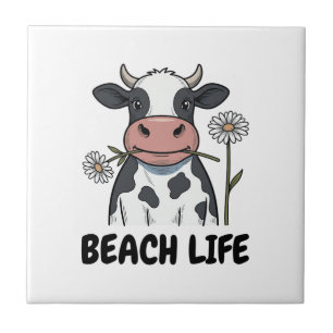Strandleven Koe Vintage Gravure T-Shirt Ontwerp_1 Tegeltje