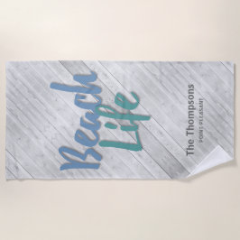 Strandleven met naam en locatie houten dok strandlaken