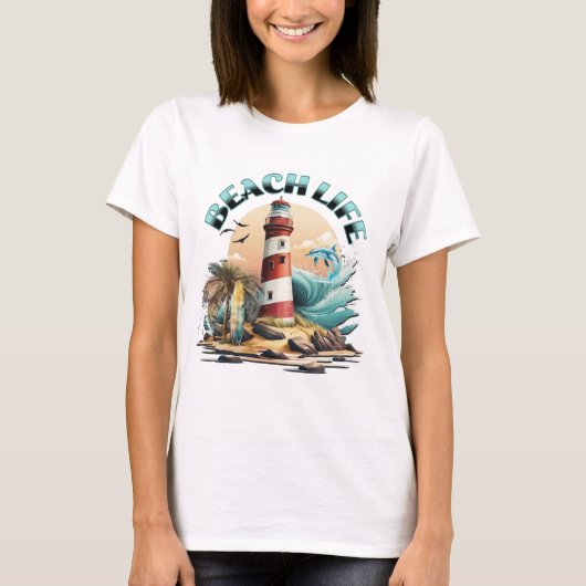 strandleven | Tropisch strand en vuurtoren T-shirt (Voorkant)