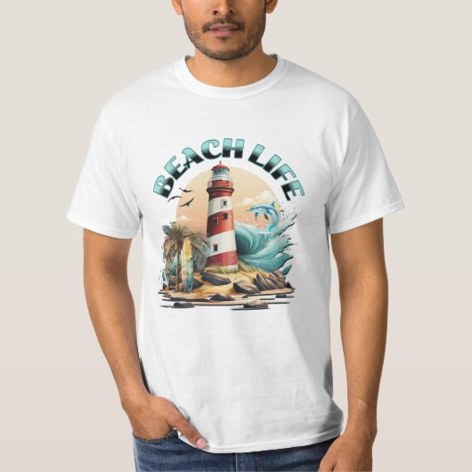 strandleven | Tropisch strand en vuurtoren T-shirt (Voorkant)