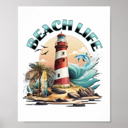 Strandleven | Tropische Vuurtoren Kunst Poster (Voorkant)