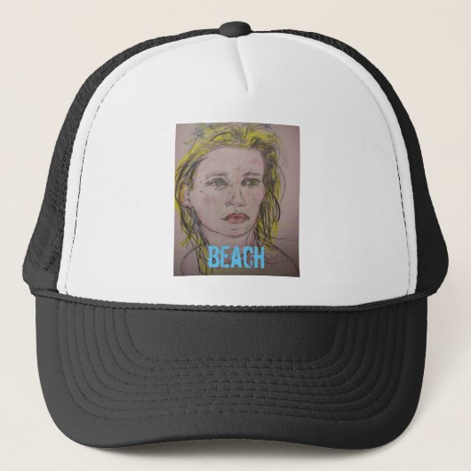 strandmeisje met bloemen in haar nat haar trucker pet (Voorkant)