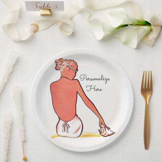  strandmeisje met zeeschelp zomerse elegantie papieren bordje (Huwelijk)