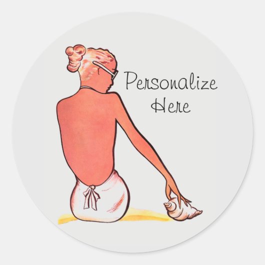  strandmeisje met zeeschelp zomerse elegantie ronde sticker (Voorkant)