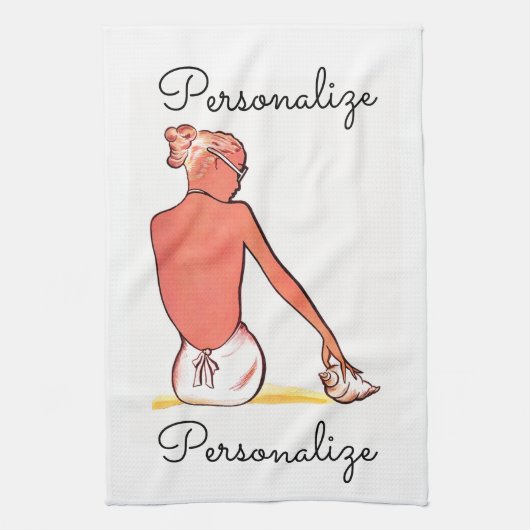  strandmeisje met zeeschelp zomerse elegantie theedoek (Verticaal)